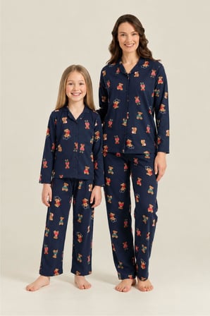 Roly Poly Anne Kız Premium Bear Gömlek Yaka Önden Düğmeli Pamuklu Uzun Kol Pijama Takım