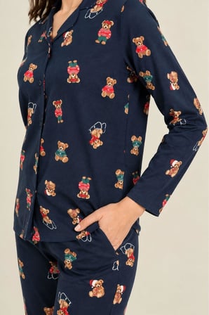 Roly Poly Anne Kız Premium Bear Gömlek Yaka Önden Düğmeli Pamuklu Uzun Kol Pijama Takım