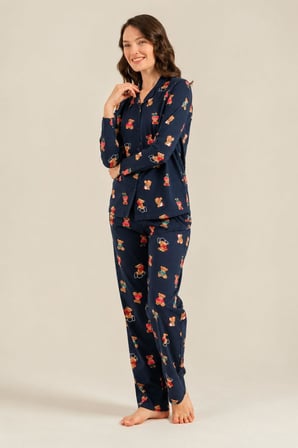 Roly Poly Anne Kız Premium Bear Gömlek Yaka Önden Düğmeli Pamuklu Uzun Kol Pijama Takım