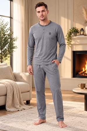 Gd Goldoremi 4041 Erkek Düğmeli Yaka %100 Pamuklu Yumuşak Rahat Uzun Kollu Pijama Takım