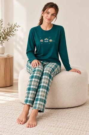 Gd Goldoremi Kadın Ekose Desenli Likralı Termal Kumaş Uzun Kollu Yeşil Pijama Takımı