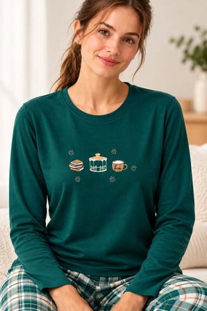 Gd Goldoremi Kadın Ekose Desenli Likralı Termal Kumaş Uzun Kollu Yeşil Pijama Takımı