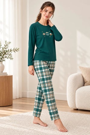 Gd Goldoremi Kadın Ekose Desenli Likralı Termal Kumaş Uzun Kollu Yeşil Pijama Takımı