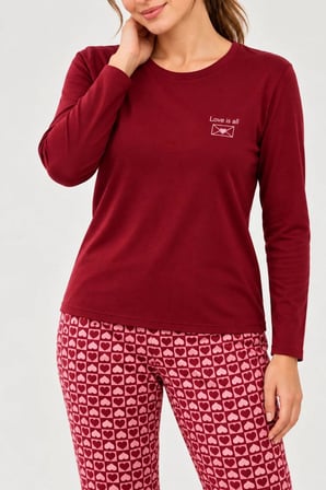 Gd Goldoremi Kadın Kalp Desenli Likralı Termal Kumaş Bordo Uzun Kollu Pijama Takımı