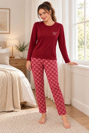 Gd Goldoremi Kadın Kalp Desenli Likralı Termal Kumaş Bordo Uzun Kollu Pijama Takımı