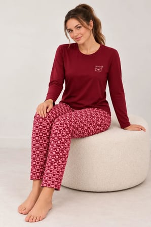 Gd Goldoremi Kadın Kalp Desenli Likralı Termal Kumaş Bordo Uzun Kollu Pijama Takımı