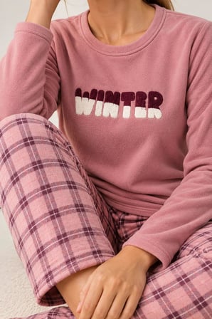 Gd Goldoremi Kadın Ekose Desen Likralı Termal Rahat Kumaş Gül Uzun Kollu Pijama Takımı