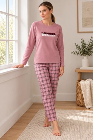 Gd Goldoremi Kadın Ekose Desen Likralı Termal Rahat Kumaş Gül Uzun Kollu Pijama Takımı