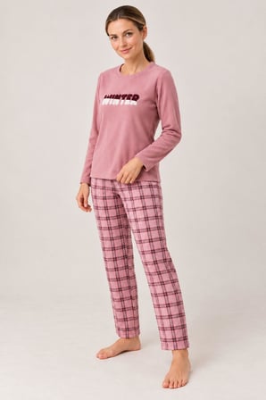 Gd Goldoremi Kadın Ekose Desen Likralı Termal Rahat Kumaş Gül Uzun Kollu Pijama Takımı