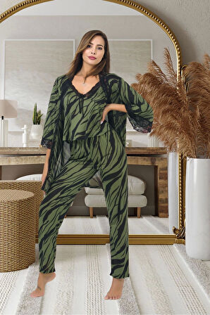 Kadın Sekssi Çizgi Desenli Yeşil Askılı Pijama Ve Sabahlık Takımı 3 Parça Alt Üst Gecelik Takım