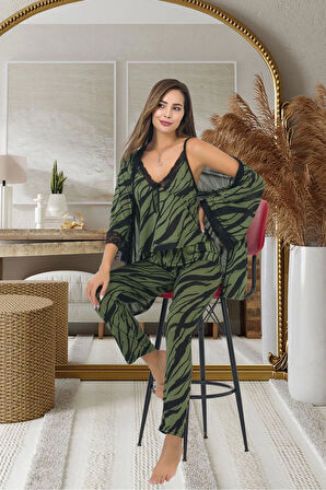 Kadın Sekssi Çizgi Desenli Yeşil Askılı Pijama Ve Sabahlık Takımı 3 Parça Alt Üst Gecelik Takım