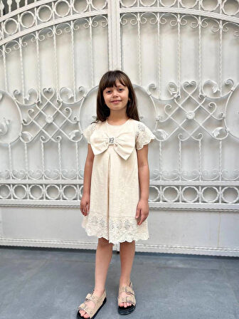 KIZ ÇOCUK BEJ PAMUKLU KETEN ELBİSE