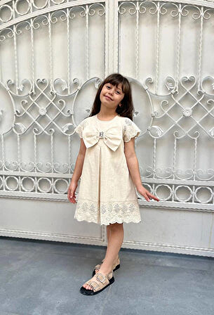 KIZ ÇOCUK BEJ PAMUKLU KETEN ELBİSE