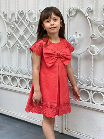 KIZ ÇOCUK NAR ÇİÇEĞİ PAMUKLU KETEN ELBİSE