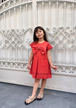 KIZ ÇOCUK NAR ÇİÇEĞİ PAMUKLU KETEN ELBİSE