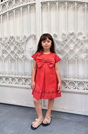 KIZ ÇOCUK NAR ÇİÇEĞİ PAMUKLU KETEN ELBİSE