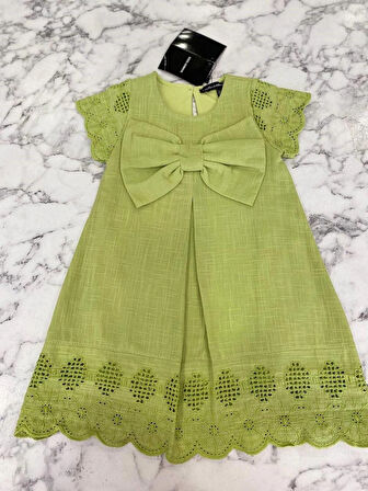 KIZ ÇOCUK YEŞİL PAMUKLU KETEN ELBİSE
