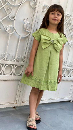 KIZ ÇOCUK YEŞİL PAMUKLU KETEN ELBİSE