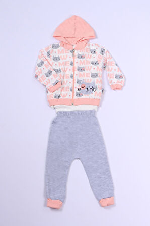 KIZ ÇOCUK 3'LÜ TAKIM KEDİ BASKILI KAPŞONLU FERMUARLI B63