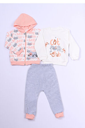 KIZ ÇOCUK 3'LÜ TAKIM KEDİ BASKILI KAPŞONLU FERMUARLI B63