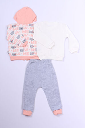 KIZ ÇOCUK 3'LÜ TAKIM KEDİ BASKILI KAPŞONLU FERMUARLI B63