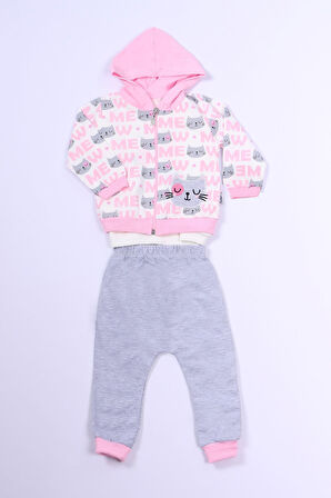 KIZ ÇOCUK 3'LÜ TAKIM KEDİ BASKILI KAPŞONLU FERMUARLI B63