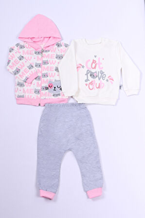 KIZ ÇOCUK 3'LÜ TAKIM KEDİ BASKILI KAPŞONLU FERMUARLI B63