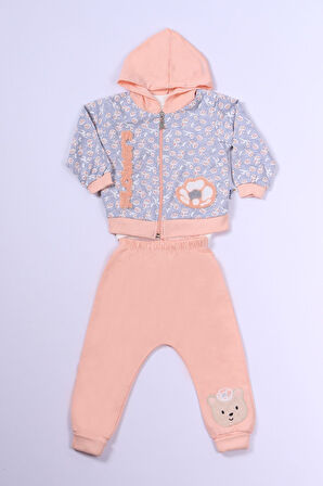 KIZ ÇOCUK 3'LÜ TAKIM AYICIK BASKILI KAPŞONLU FERMUARLI B68