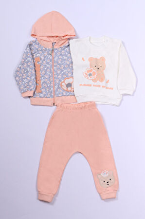 KIZ ÇOCUK 3'LÜ TAKIM AYICIK BASKILI KAPŞONLU FERMUARLI B68