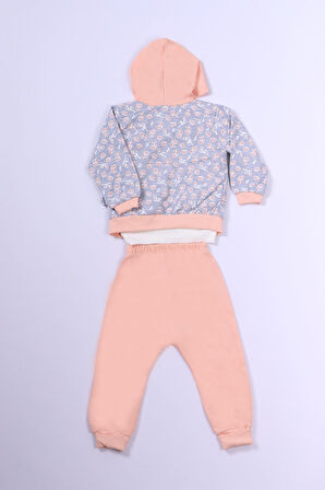 KIZ ÇOCUK 3'LÜ TAKIM AYICIK BASKILI KAPŞONLU FERMUARLI B68