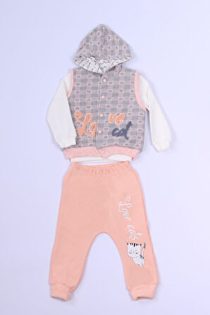 KIZ ÇOCUK 3`LÜ TAKIM KALP BASKILI KAPŞONLU YELEKLİ C1