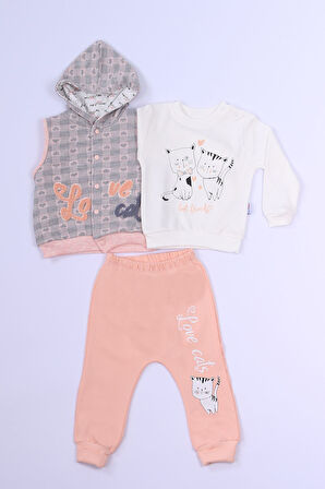 KIZ ÇOCUK 3`LÜ TAKIM KALP BASKILI KAPŞONLU YELEKLİ C1