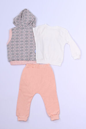 KIZ ÇOCUK 3`LÜ TAKIM KALP BASKILI KAPŞONLU YELEKLİ C1