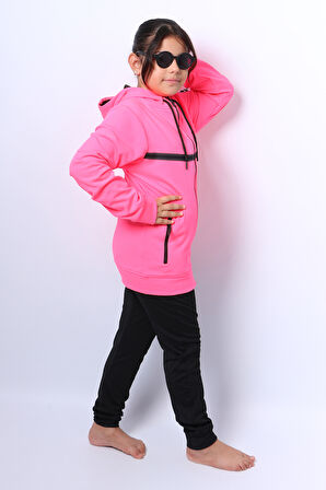 KIZ ÇOCUK EŞOFMAN TAKIMI KAPŞONLU FERMUARLI RİBANALI C59