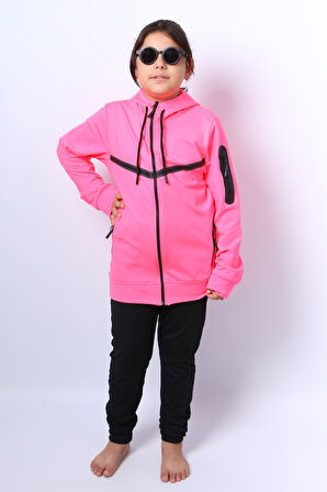 KIZ ÇOCUK EŞOFMAN TAKIMI KAPŞONLU FERMUARLI RİBANALI C59