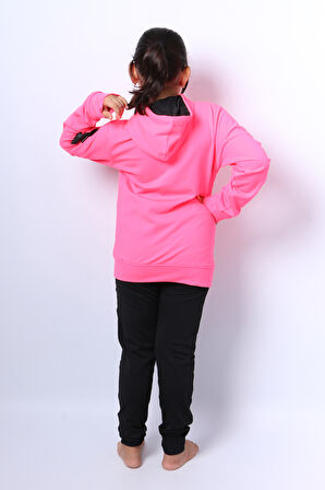 KIZ ÇOCUK EŞOFMAN TAKIMI KAPŞONLU FERMUARLI RİBANALI C59