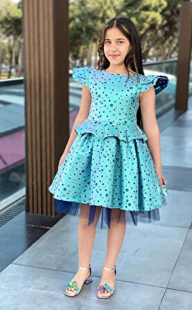 Kız Çocuk Bayramlık Doğum Günü Mezuniyet Abiye Turkuaz Elbise