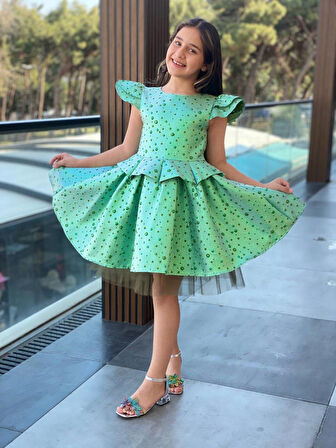 Kız Çocuk Bayramlık Doğum Günü Mezuniyet Abiye Turkuaz Elbise