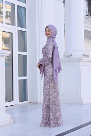 Şık Taşlı Astarlı Tül Şimal Tesettür Abiye