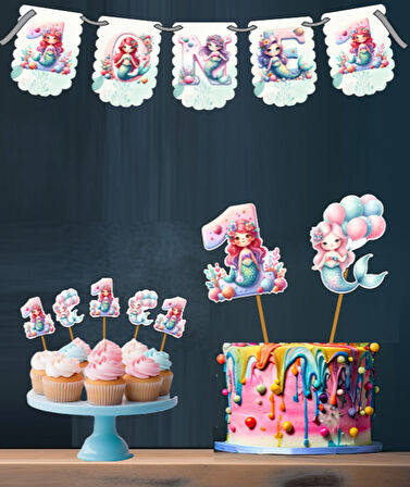 Denizkızı Temalı 3 Lü Set One 1 Yaş Doğum Günü Süsü Banner + Pasta Süsü + Cupcake Kürdani