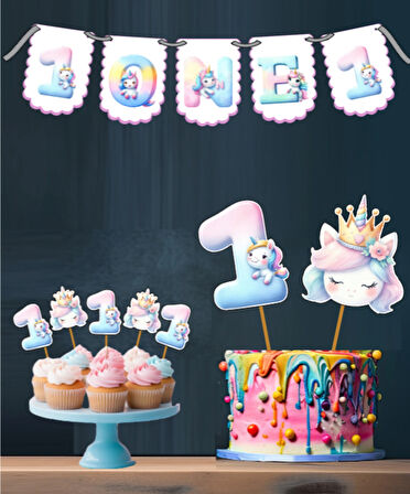 Unicorn Temalı 3 Lü Set One 1 Yaş Doğum Günü Süsü Banner + Pasta Süsü + Cupcake Kürdani