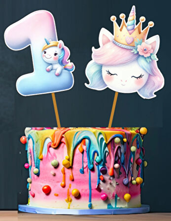 Unicorn Temalı 3 Lü Set One 1 Yaş Doğum Günü Süsü Banner + Pasta Süsü + Cupcake Kürdani