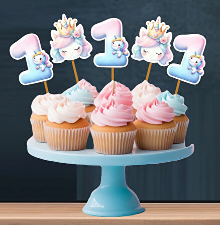 Unicorn Temalı 3 Lü Set One 1 Yaş Doğum Günü Süsü Banner + Pasta Süsü + Cupcake Kürdani