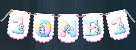 Unicorn Temalı 3 Lü Set One 1 Yaş Doğum Günü Süsü Banner + Pasta Süsü + Cupcake Kürdani