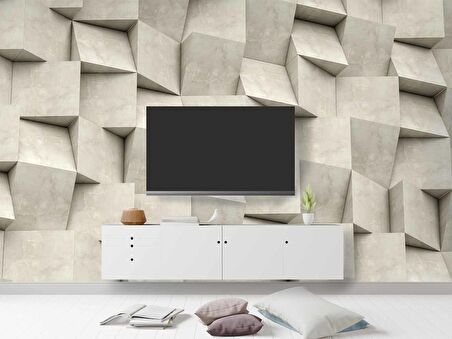 3 Boyutlu Küp Taş Beton Görünümlü Duvar Kağıdı