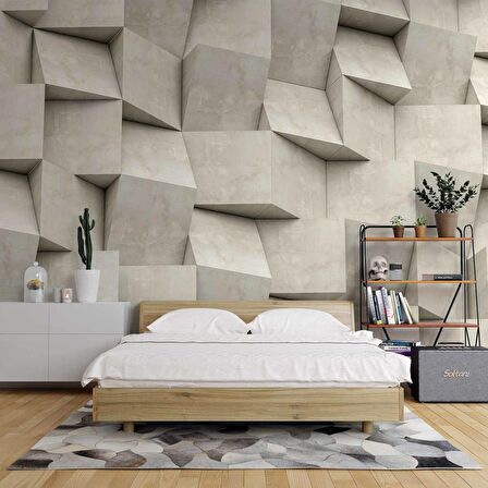 3 Boyutlu Küp Taş Beton Görünümlü Duvar Kağıdı