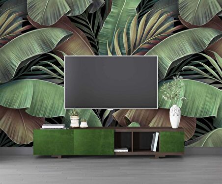 Botanik Tropikal Yaprak Desenli Duvar Kağıdı Baskı