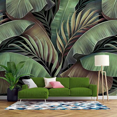 Botanik Tropikal Yaprak Desenli Duvar Kağıdı Baskı