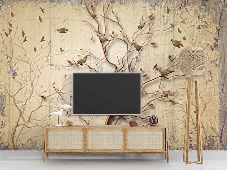 Sonbahar Kuş ve Ağaç Temalı Duvar Kağıdı Baskı