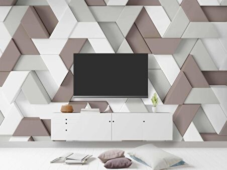 3 Boyutlu Kahverengi Beyaz Üçgen Kabartma Görünümlü Duvar Kağıdı Baskı